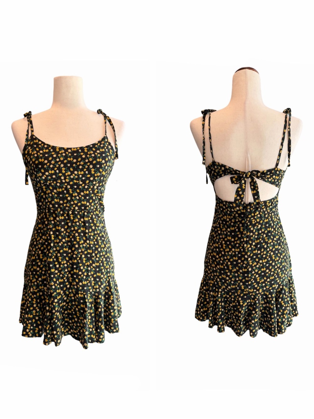 Wild Fable Black Lemon Tie-Back Sundress with Ruffle Flutter Hem Small